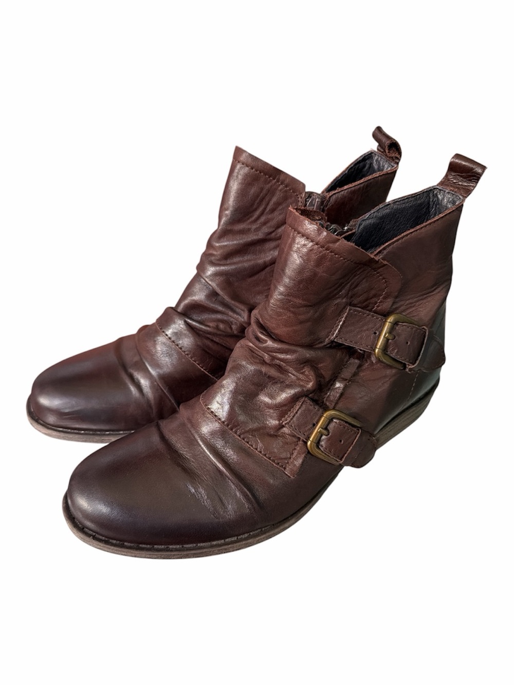 Miz Mooz Brown Leather Buckle Ankle Boots